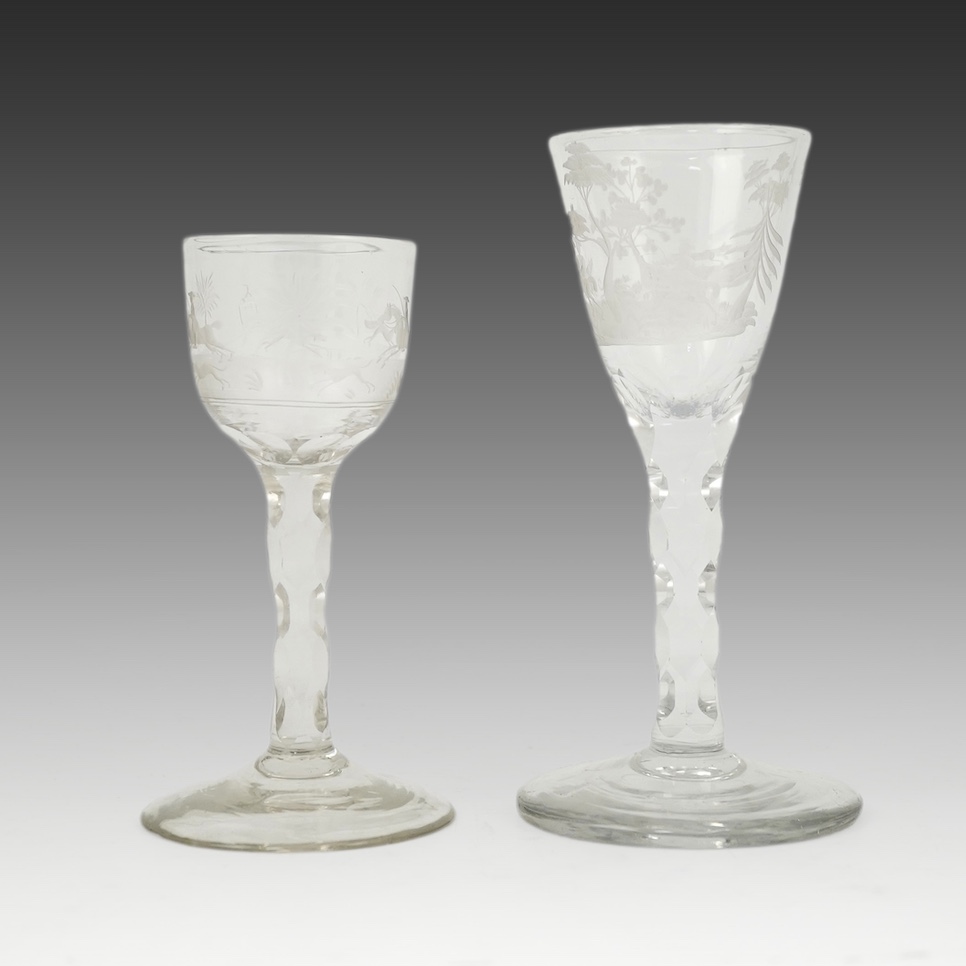 Two faceted wine glasses, engraved with hunting scenes, c.1780